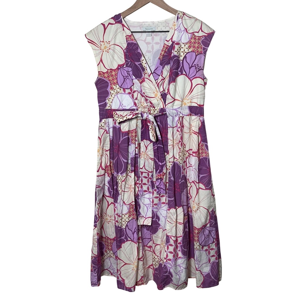 Garnet Hill Floral Print Cotton Faux Wrap Tie Waist‎ Dress Purple Multi Size 4